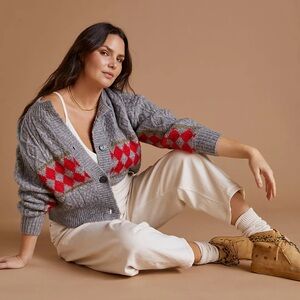 Anthropologie Gray and Red Argyle Cardigan